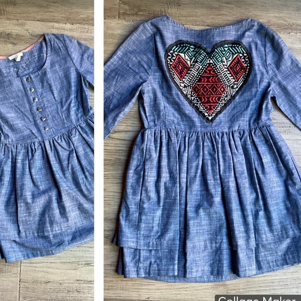 Blu Pony Vintage Girls Chambray Long Sleeve Dress W/Embroidered Heart Patch SZ 8